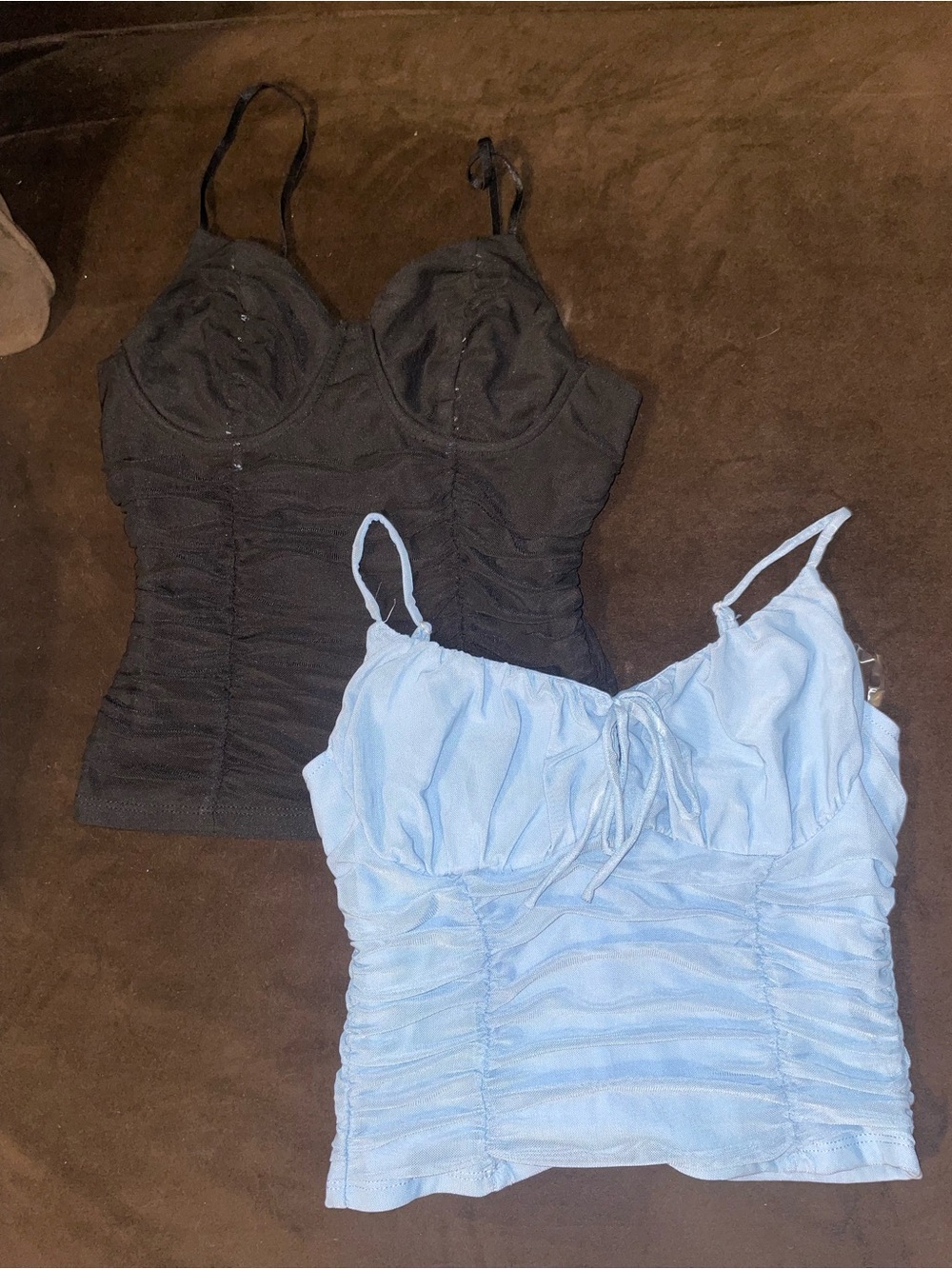 Both Black and Baby Blue Ruched Mesh Cami Tops